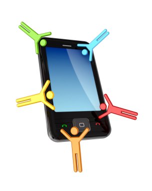 Colorful 3d small flying around modern cellphone. clipart