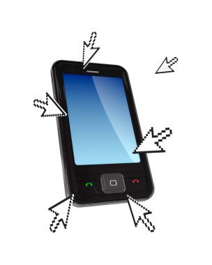 Modern cellphone and cursors around it. clipart
