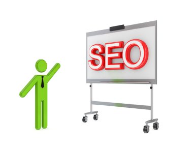 3d small person with a flipchart and big word SEO. clipart