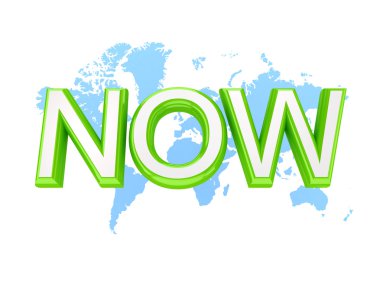 Green word NOW and world's map clipart