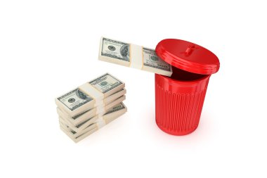 Dollar packs in a red recycle bin.