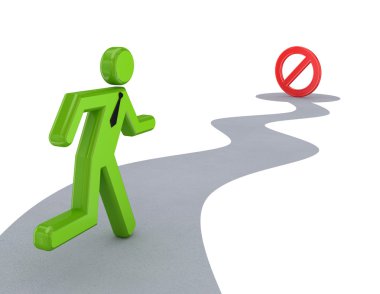 3d small person running to STOP sign. clipart