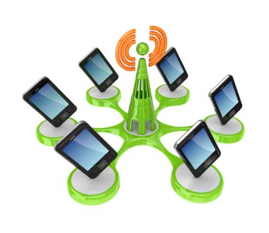 Modern mobile phones around cell tower. clipart