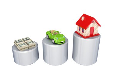Graphic, dollar packs, green car and small house. clipart