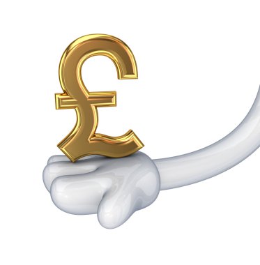 Golden pound sterling sign in a cartoon hand. clipart