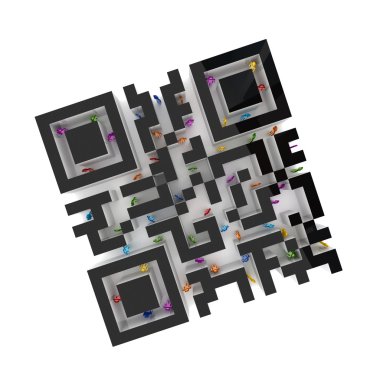 Labyrinth shape of QR code with colorful 3d small inside. clipart