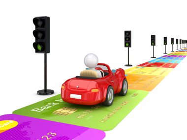 Red car driving on a road made of credit cards. clipart