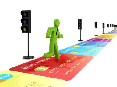 3d small person running on a road made of credit card. clipart