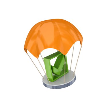 Green tick mark at orange parachute. clipart