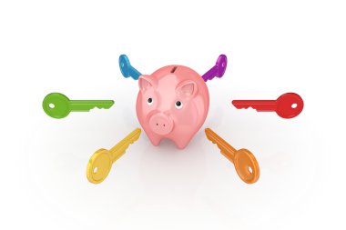 piggybank etrafında renkli tuşlar.