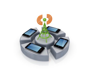 Modern mobile phones around cell tower. clipart