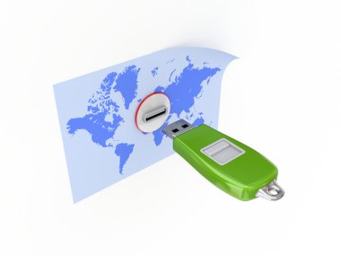 Usb flash memory and world's map. clipart