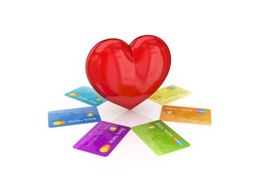 Kırmızı kalp etrafında renkli kredi kartları.
