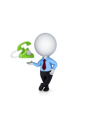3d small person and vintage telephone. clipart