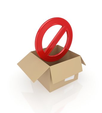 Red stop symbol in carton box.Isolated on white background.3d re clipart