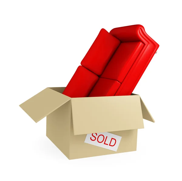 Piros kanapé, nagy karton doboz. — Stock Fotó