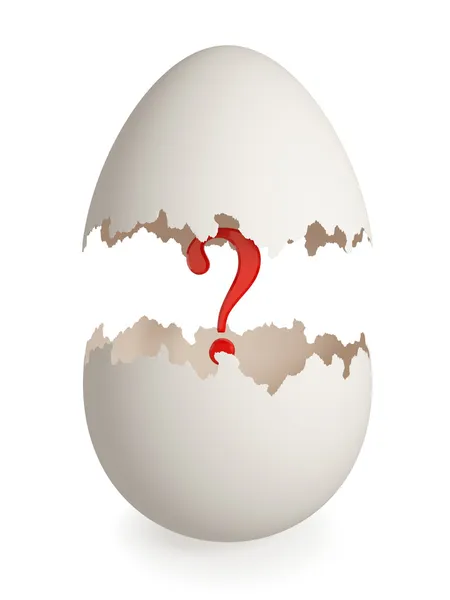Kırık yumurta kabuğu içinde kırmızı soru işareti. — Stok fotoğraf