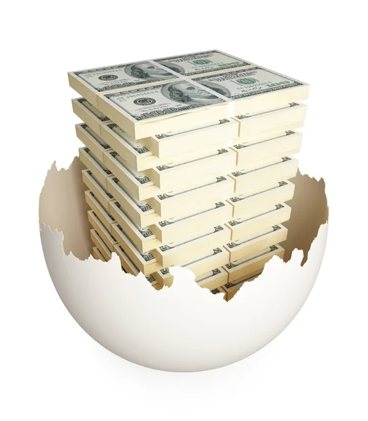 Viele Dollarverpackungen in geknackter Eierschale. — Stockfoto