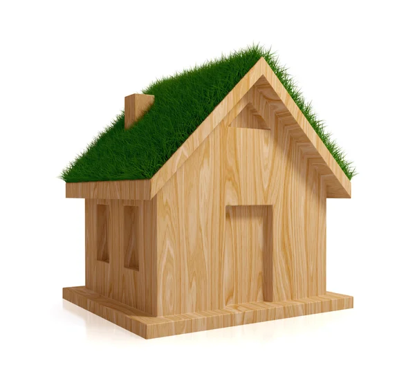 Yeşil çimenlerin üzerinde bir çatı ile ahşap ev. — Stok fotoğraf