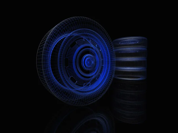 Gloeiende neon draadframe van een wiel. — Stockfoto