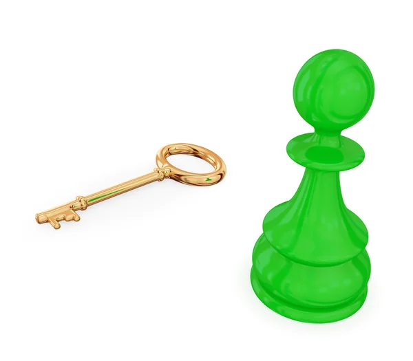 Green pawn near golden antique key. — Stock Photo, Image