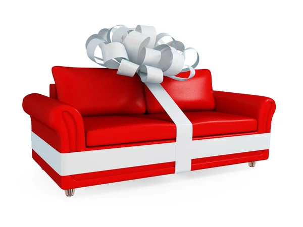 Sofá de couro vermelho envolto com uma fita branca . — Fotografia de Stock