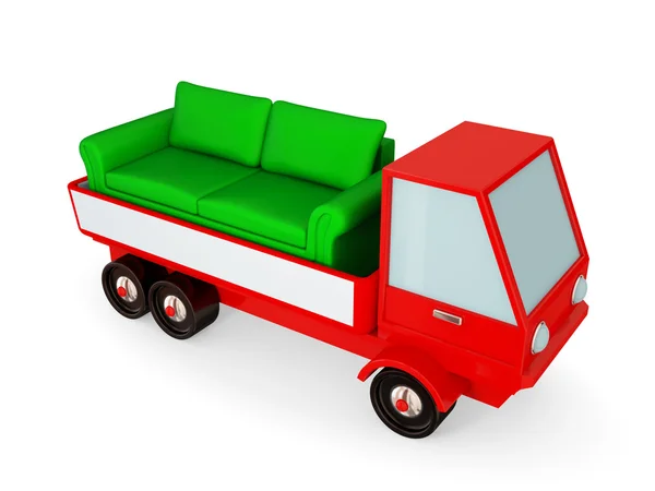 Röd lastbil med en grön soffa i en bilkarosser. — Stockfoto