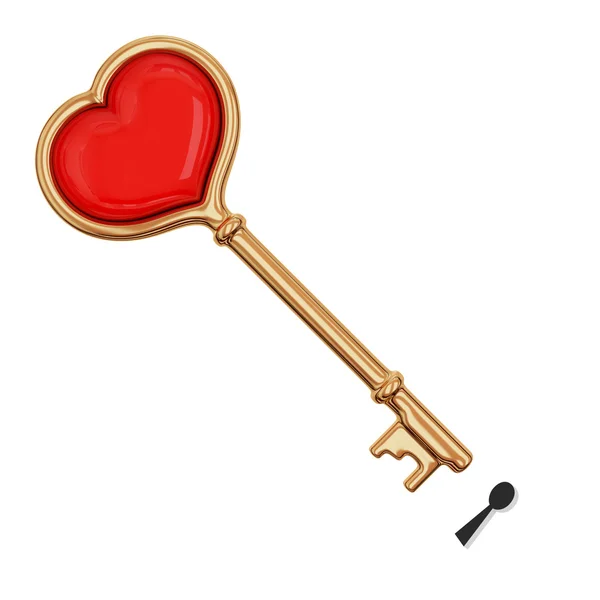 Golden key with a little heart inside. — Stock Photo, Image