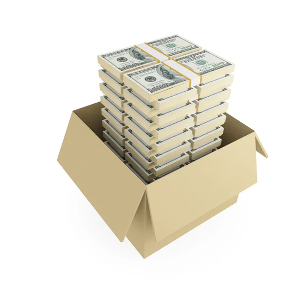 Lots of dollar packs inside of cardboard box. — Stock Photo, Image