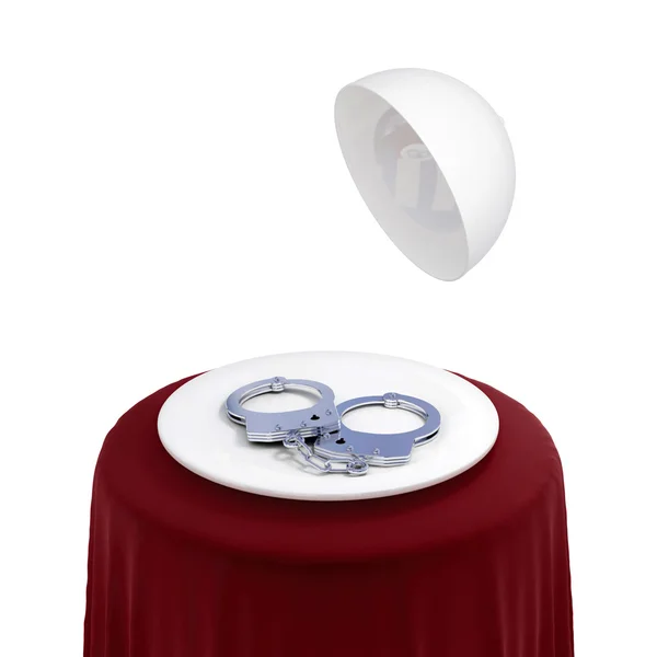 Runder Tisch mit rotem Tuch und Handschellen auf einer weißen Schüssel. — Stockfoto