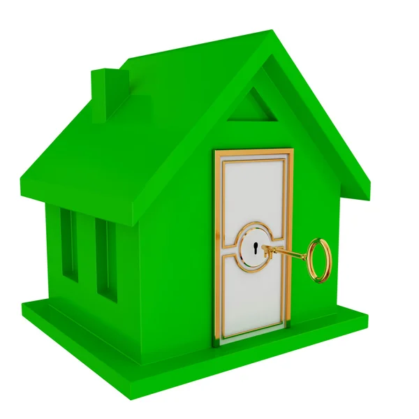 Casa verde con porta bianca e chiave dorata vintage . — Foto Stock