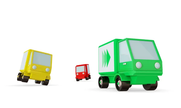 Green, yellow and red trucks on a road. — Stock Photo, Image