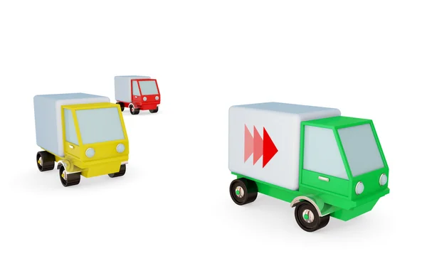 Green, yellow and red trucks on a road. — Stock Photo, Image