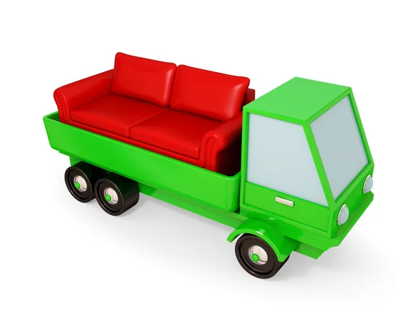 Grüner LKW mit grünem Sofa in Karosserie. — Stockfoto