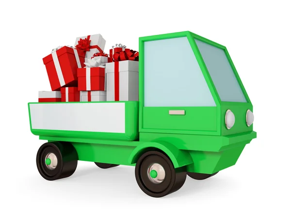 Green truck with bright gift boxes at a body. — Stock Photo, Image