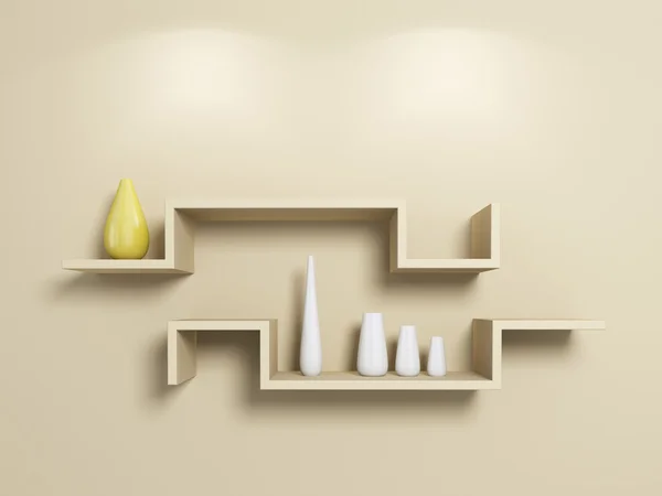 Regale mit weißen und gelben Vasen modellieren. — Stockfoto