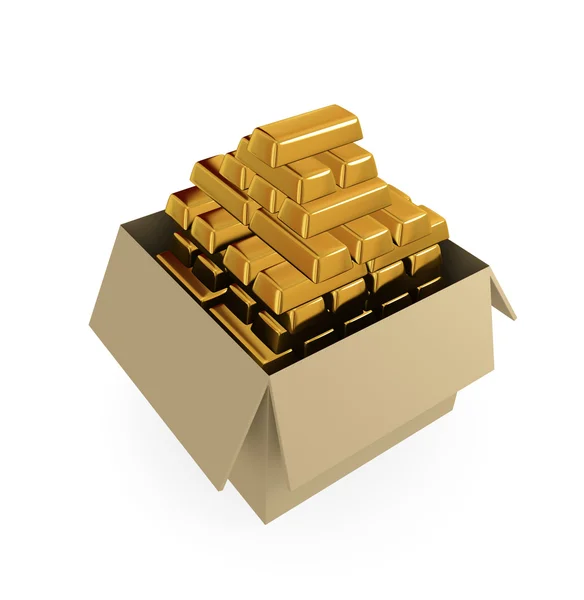 Goldbars in a cardboard box. — Stock Photo, Image
