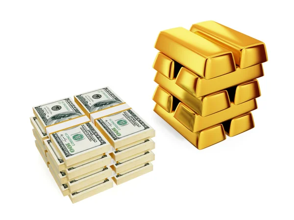Big dollars pack and gold bars. — Stock Photo, Image