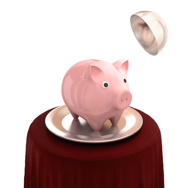 Pink piggy bank on a silver dish. — Stock Photo, Image