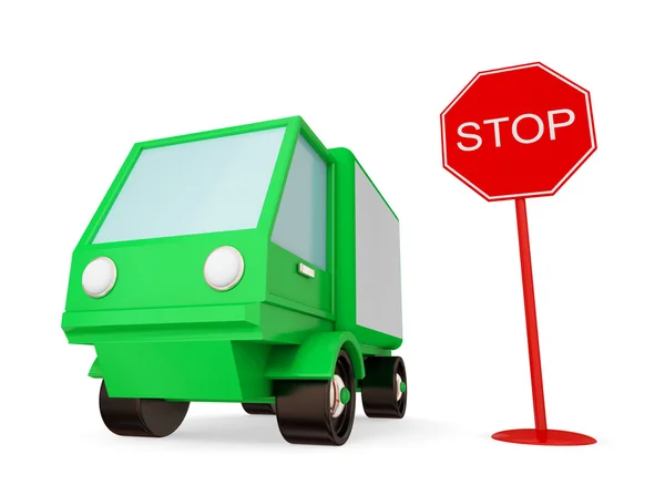 Green truck with STOP sign. — Stock Photo, Image