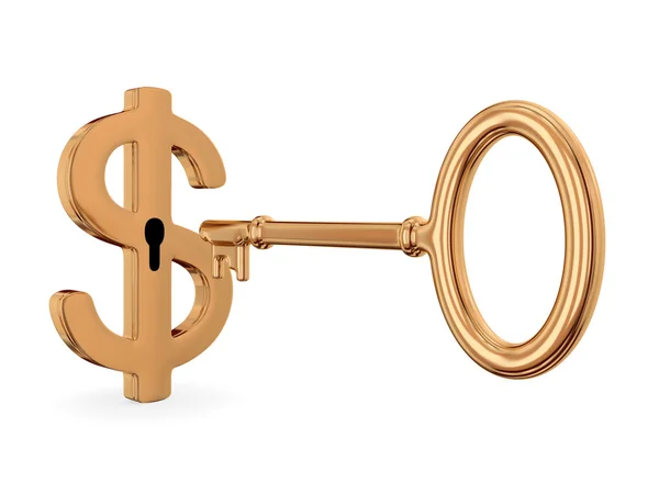 Golden dollar sign and antique key. — Stock Photo, Image