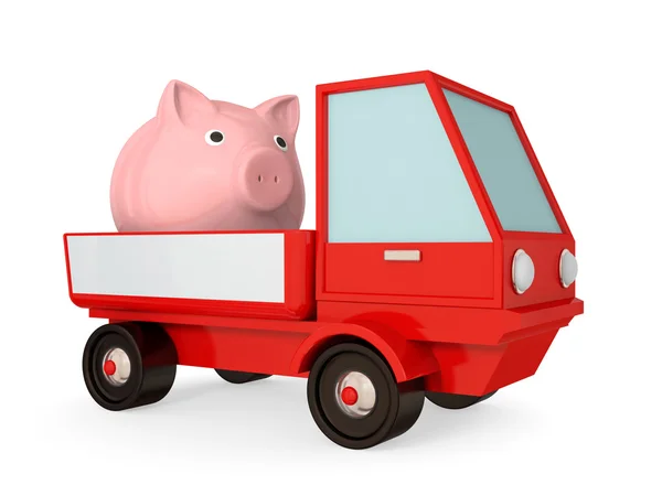 Красный грузовик с розовой копилкой — стоковое фото