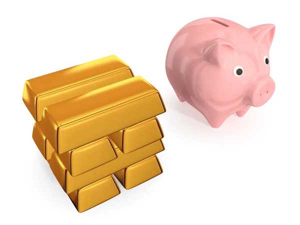 Stapel gouden bars en roze piggy bank — Stockfoto