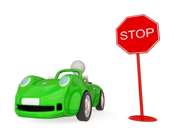 Grünes Auto mit Stoppschild — Stockfoto