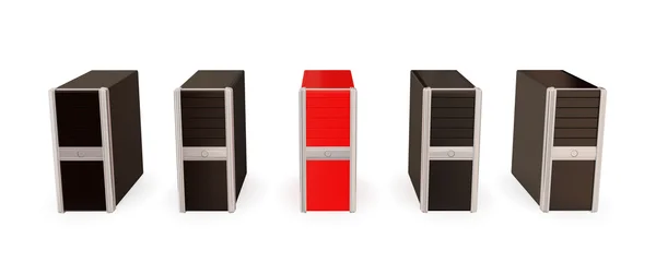 Cztery komputery czarny i czerwony jeden wśród nich. — Zdjęcie stockowe