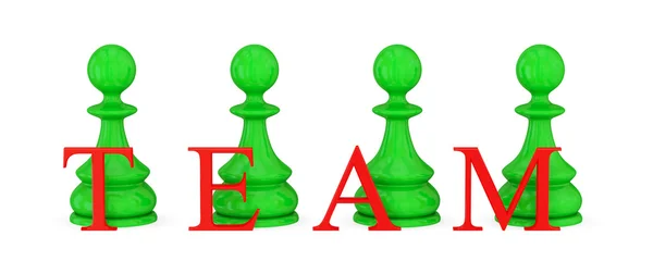 四个绿色棋子和红色字的团队. — 图库照片