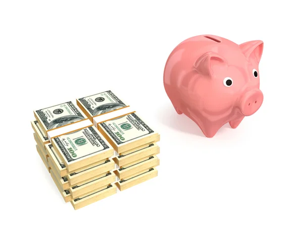 Golden piggy looking at dollar packs. — Stock Photo, Image