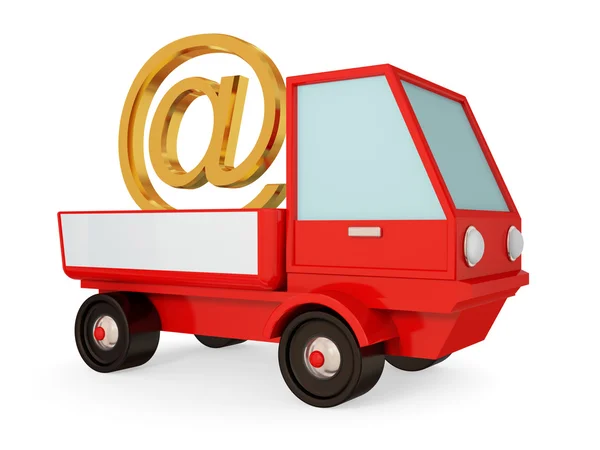 Red truck with golden e-mail sign. — Stock Photo, Image