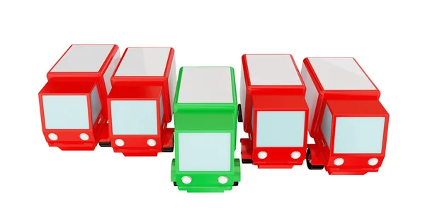 Четыре красных грузовика и один зеленый впереди . — стоковое фото