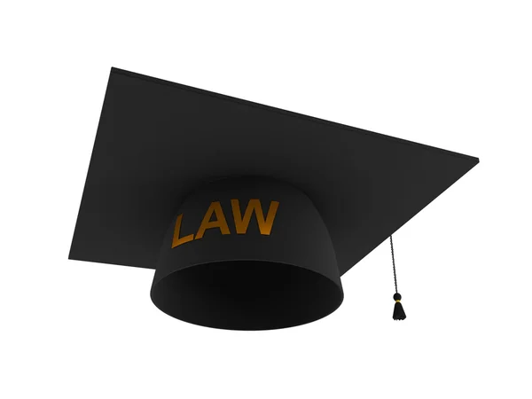 Balck lawyer's hat with golden word LAW. — Stock Photo, Image